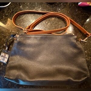 Valentina Italia Genuine Leather 3 Pocket Black Purse with Brown Strap